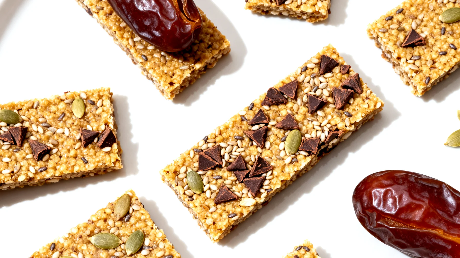 Amaranth-Dattel-Riegel mit Hanfsamen und Kakao-Nibs"