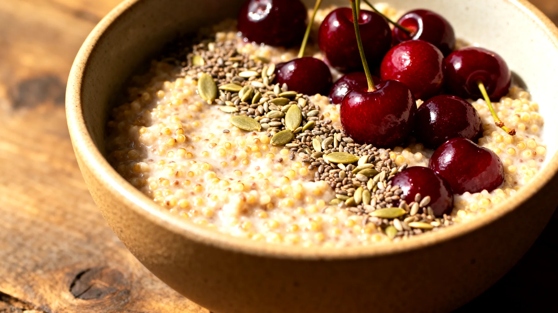 Amaranth-Porridge mit Hanfsamen und Sauerkirschen"