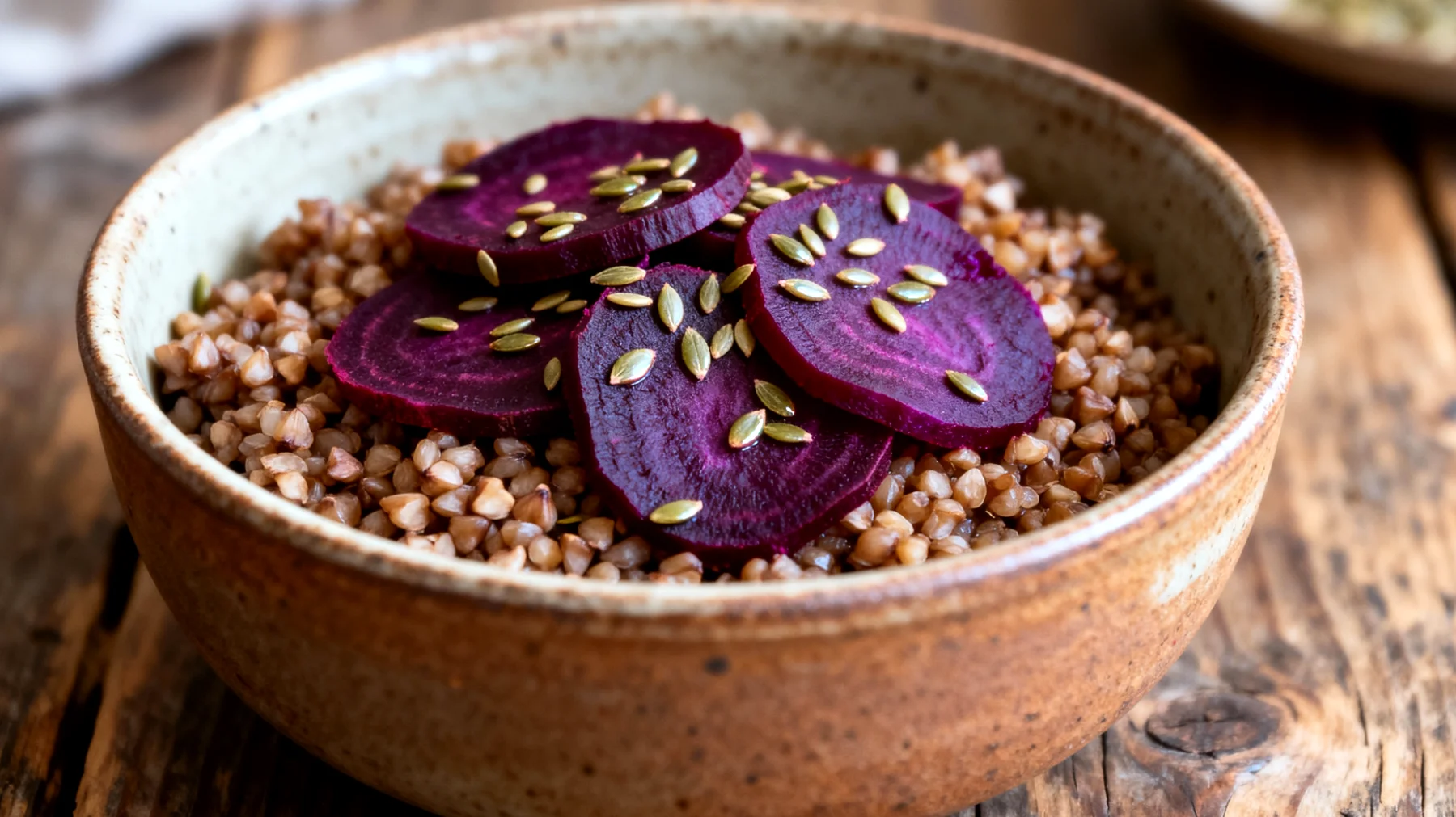 Buchweizen-Bowl mit fermentierten Rüben und Hanfsamen"