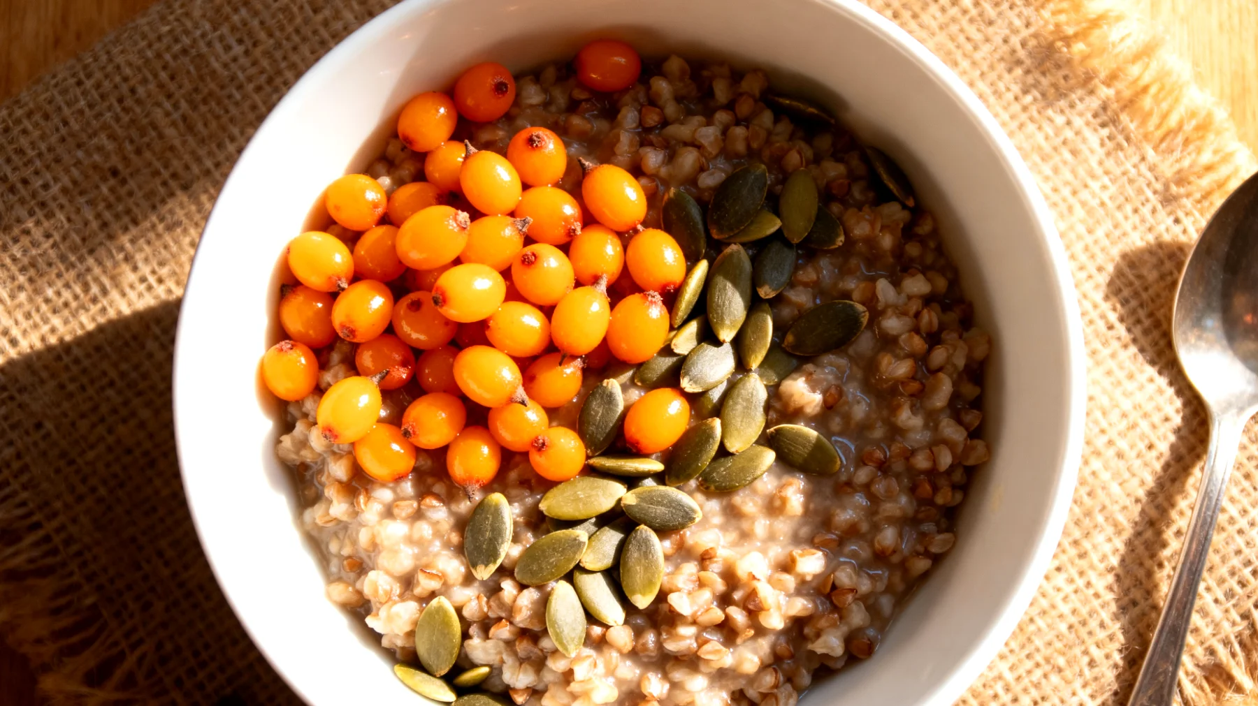 Buchweizen-Porridge mit Sanddornbeeren und Kürbiskernen"