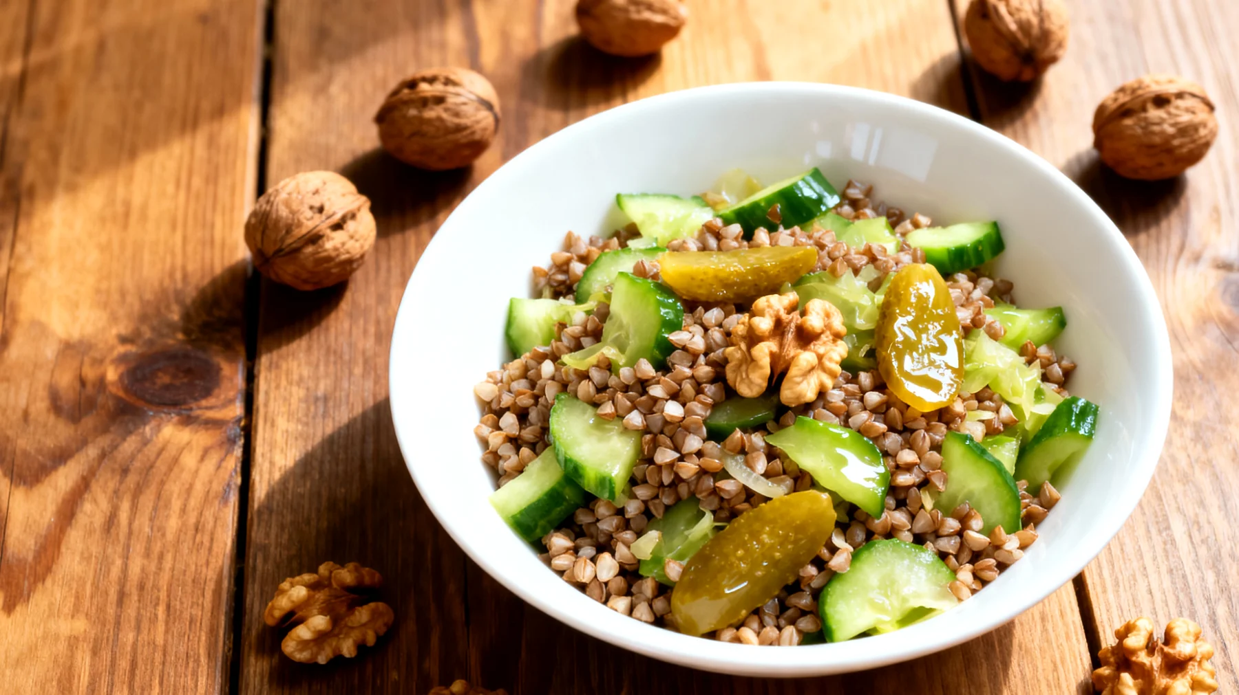 Buchweizen-Salat mit fermentiertem Gemüse und Walnüssen"
