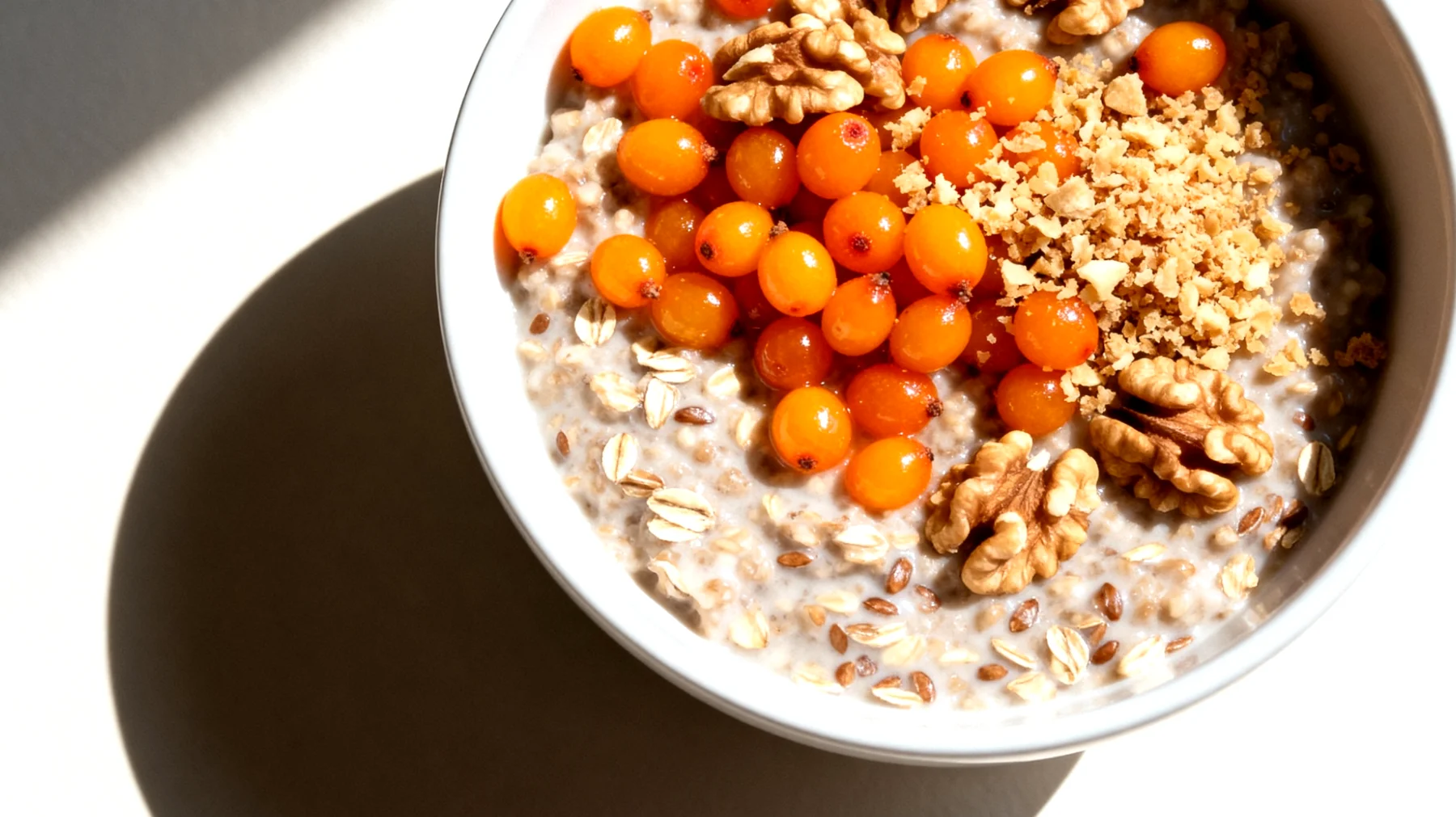 Hafer-Buchweizen-Porridge mit fermentiertem Sanddorn und Walnüssen"