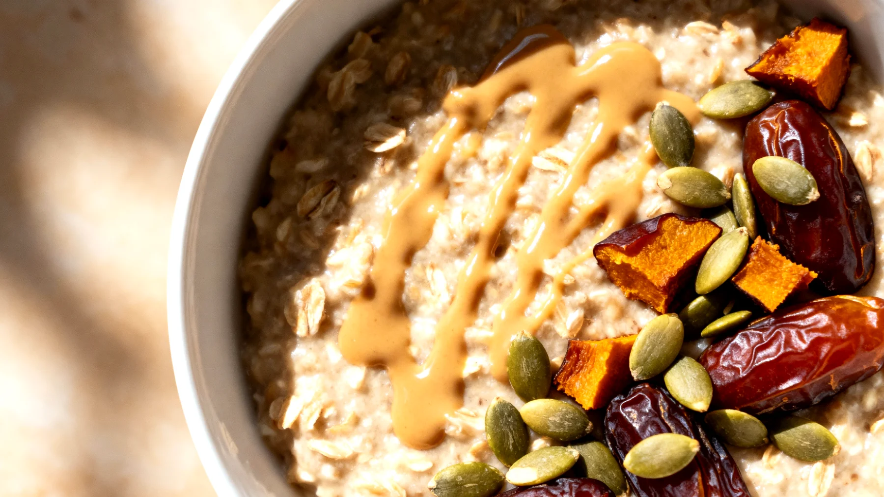 Hafer-Porridge mit Tahini, Datteln und Kürbiskernen"