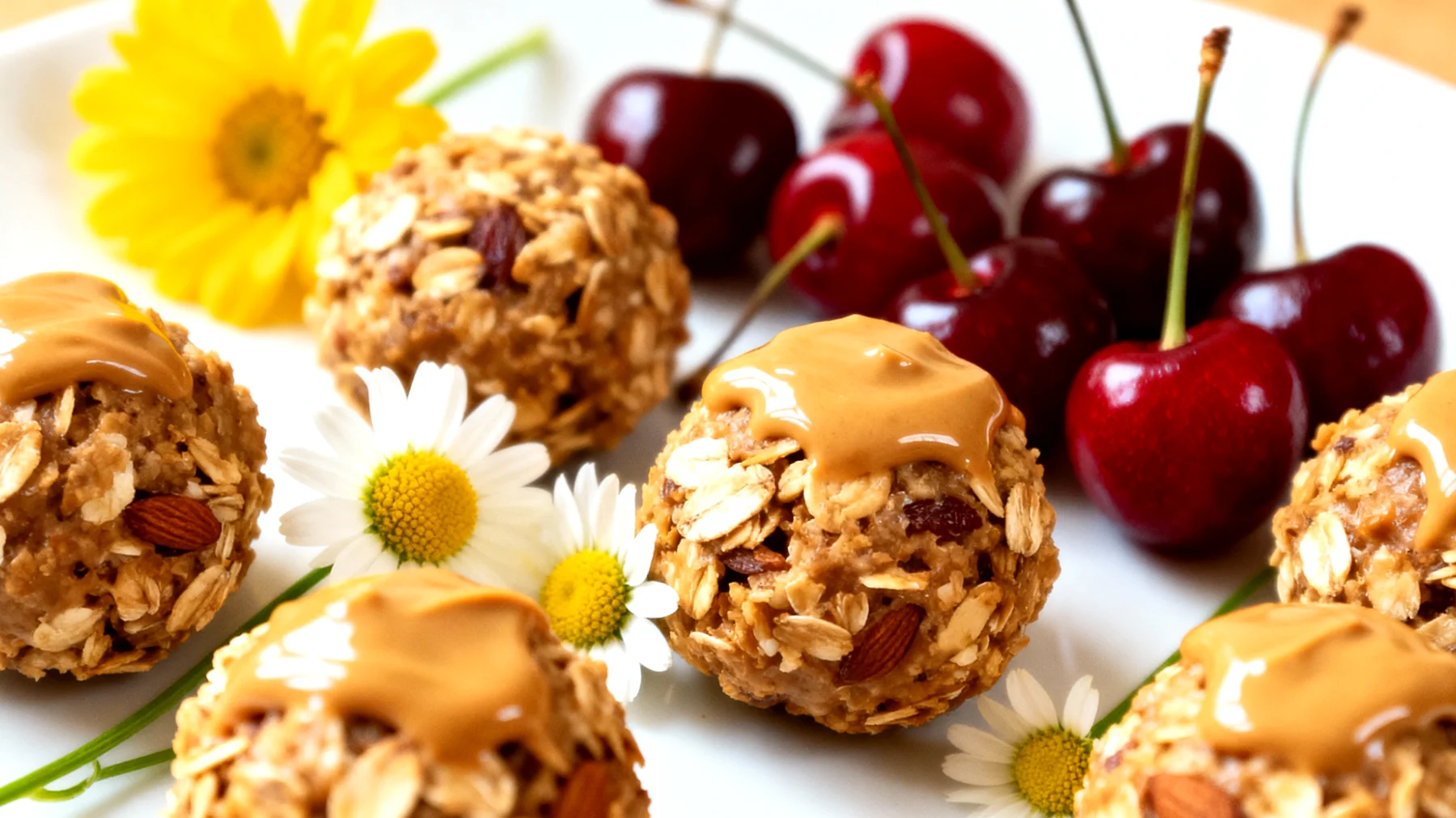 Haferflockenbällchen mit Mandelmus, Kamille und Sauerkirschen"