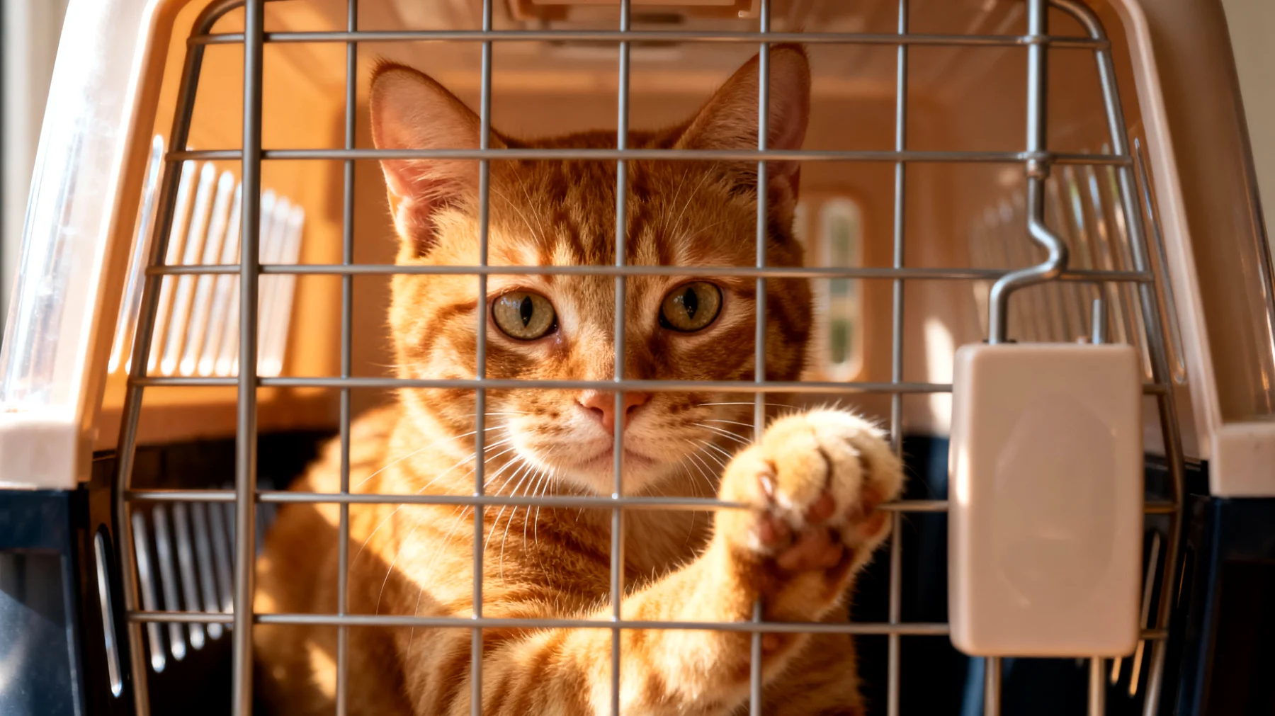 Katzen langweilen sich während langer Autofahrten oder Flugreisen und zeigen Stress durch die eingeschränkte Bewegungsfreiheit in der Transportbox, was zu Unruhe, Miauen und Angst führt"