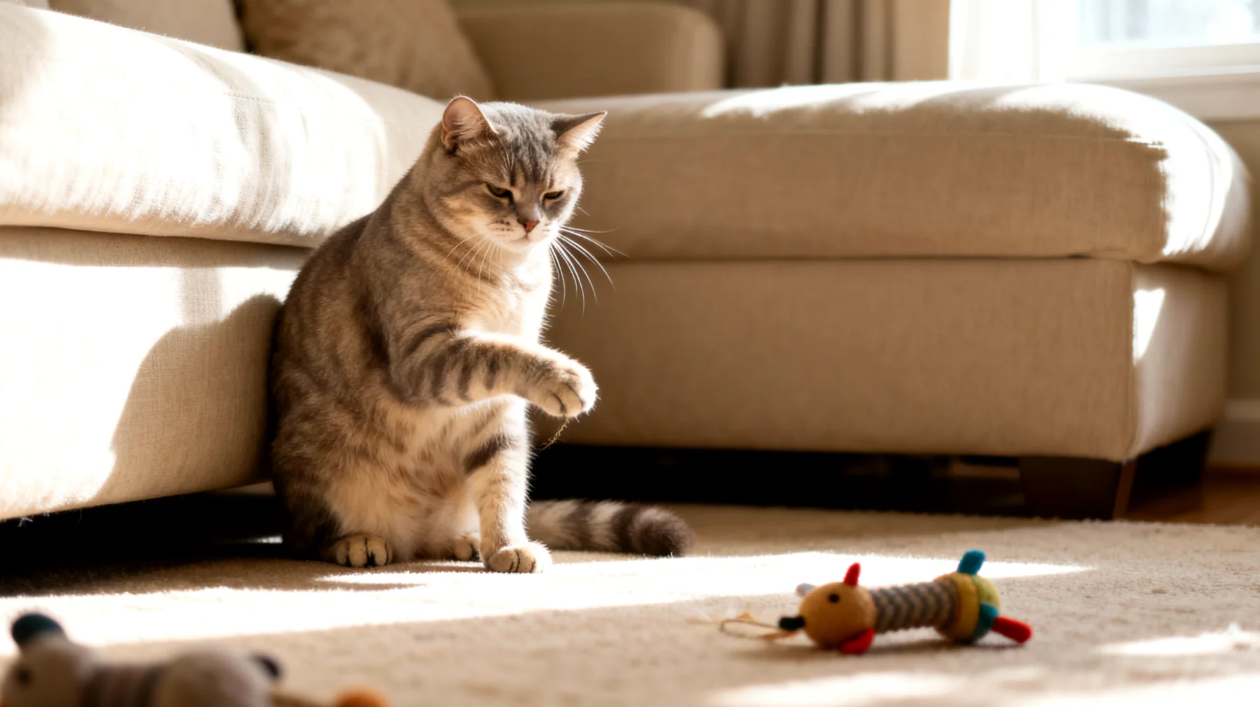 Erwachsene Katzen langweilen sich oft im Alltag und zeigen Verhaltensauffälligkeiten wie übermäßiges Miauen, Kratzen an Möbeln oder nächtliche Hyperaktivität, weil sie nicht ausreichend mental und körperlich beschäftigt werden"