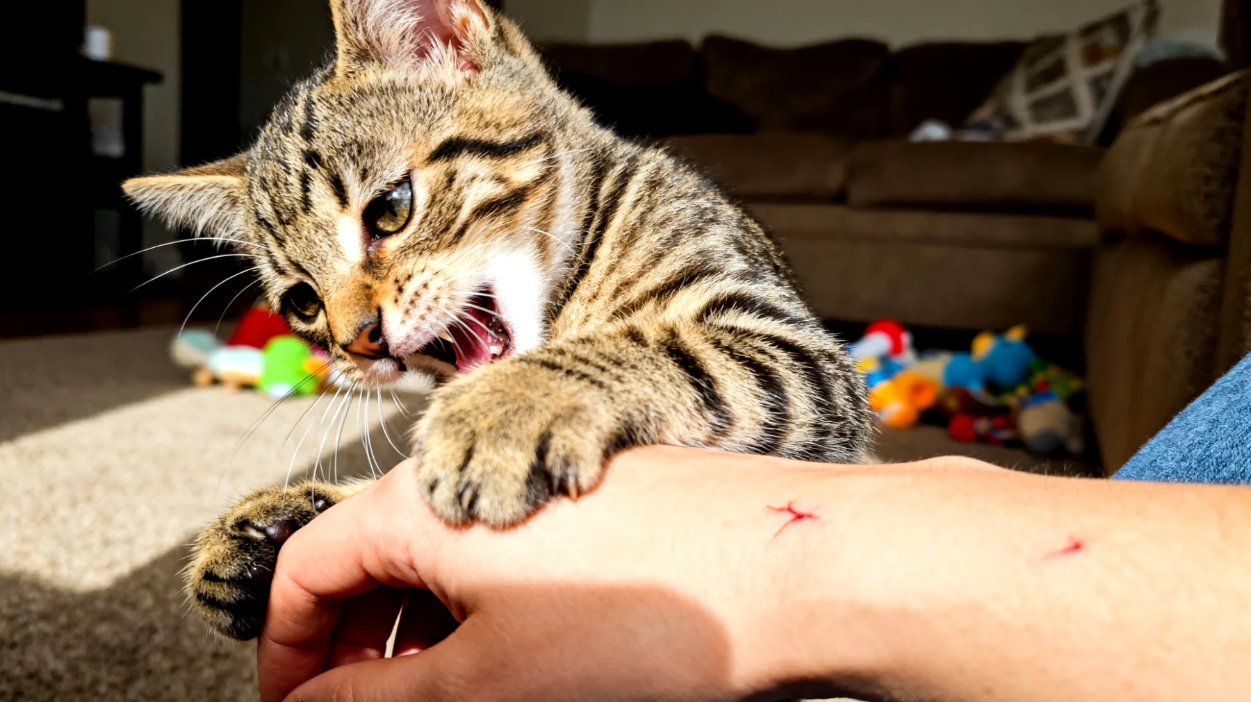 Junge Katzen haben einen starken Spiel- und Jagdtrieb und neigen dazu, Hände und Füße ihrer Besitzer anzugreifen, zu kratzen oder zu beißen, was zu Verletzungen führen kann und unerwünschtes Verhalten etabliert"