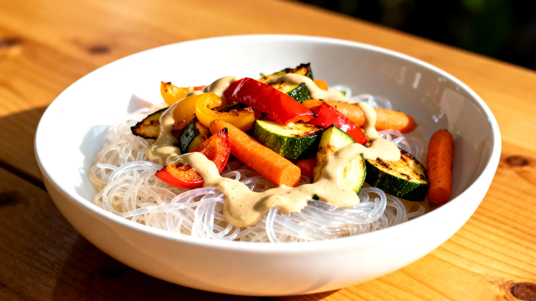 Konjak-Nudeln (Shirataki) mit geröstetem Gemüse und Tahini-Sauce"