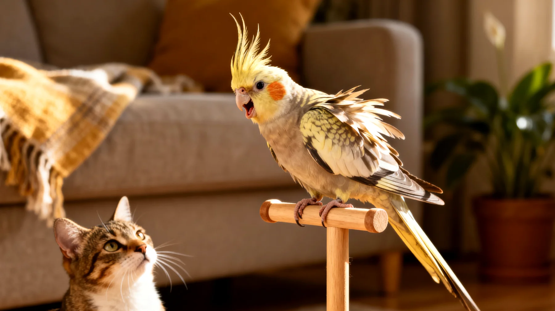 Nymphensittiche zeigen während des Trainings aggressive oder ängstliche Reaktionen gegenüber anderen Haustieren im Haushalt, was das Verhaltenstraining erschwert und Stress für den Vogel verursacht"