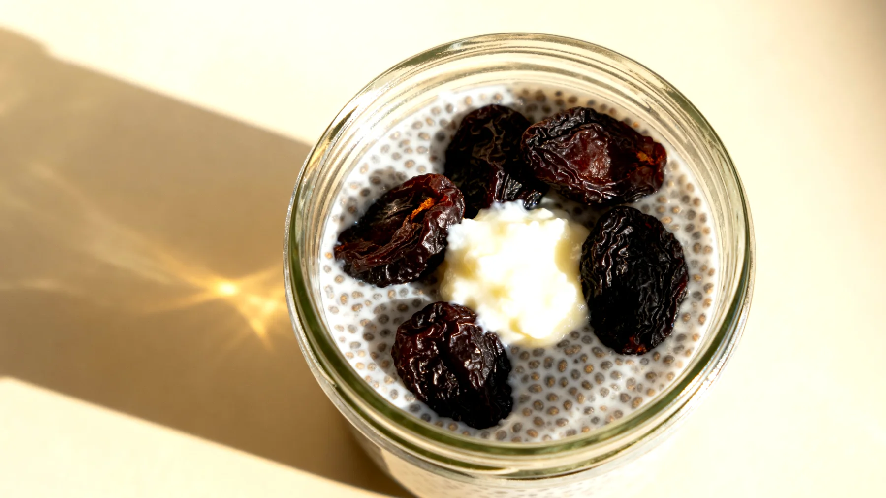 Overnight Chia-Pudding mit Flohsamenschalen, Kefir und getrockneten Pflaumen"
