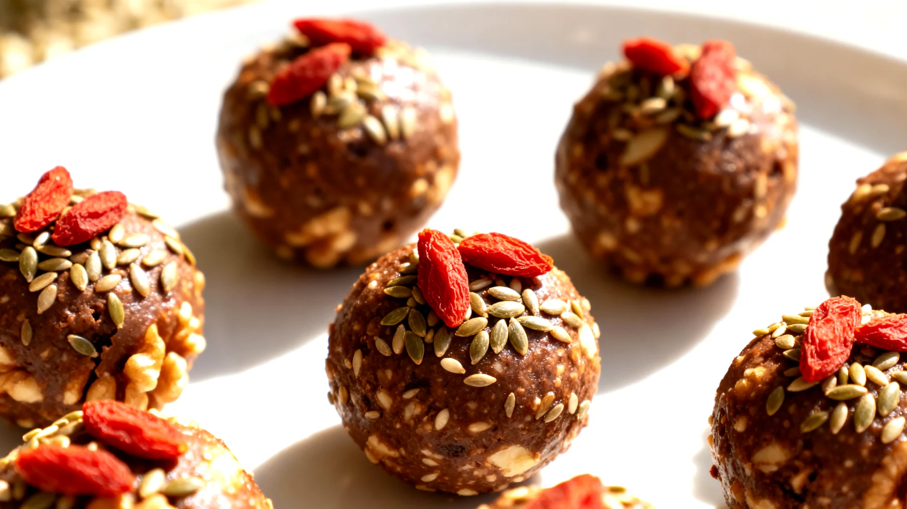 Walnuss-Kakao-Energiebällchen mit Goji-Beeren und Hanfsamen"