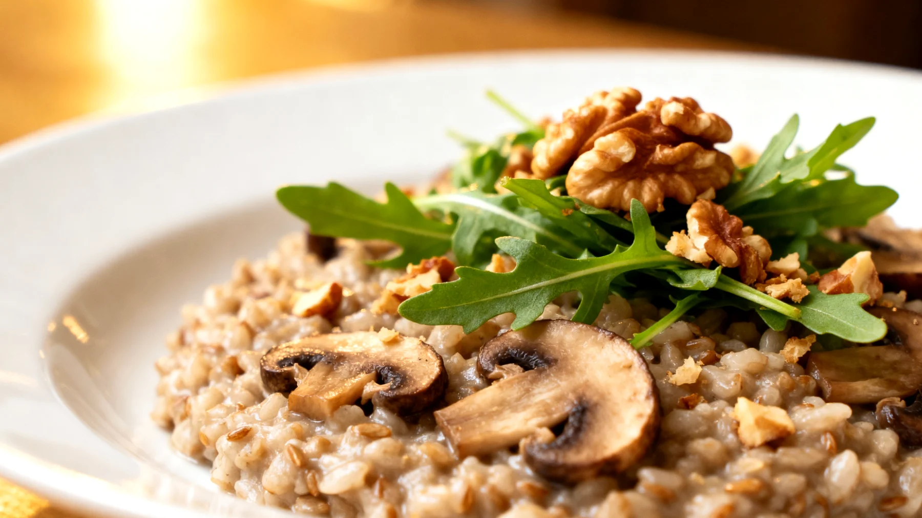 Buchweizen-Pilz-Risotto mit Walnüssen und Rucola"