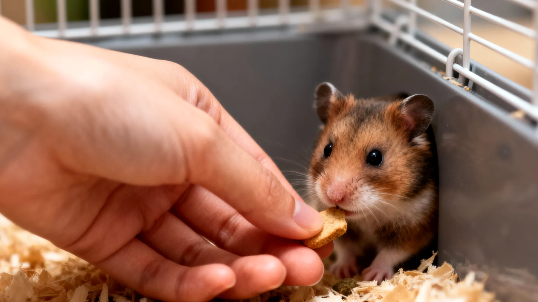 Junger Hamster zeigt unerwünschte Verhaltensweisen wie Beißen oder Scheu und benötigt sanfte Gewöhnung und grundlegendes Vertrauenstraining für eine positive Mensch-Tier-Beziehung"