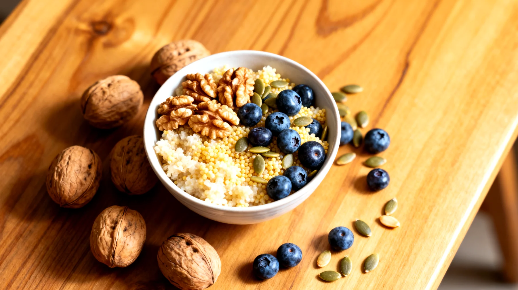 Hirse-Bowl mit Walnüssen, Blaubeeren und Kürbiskernen"