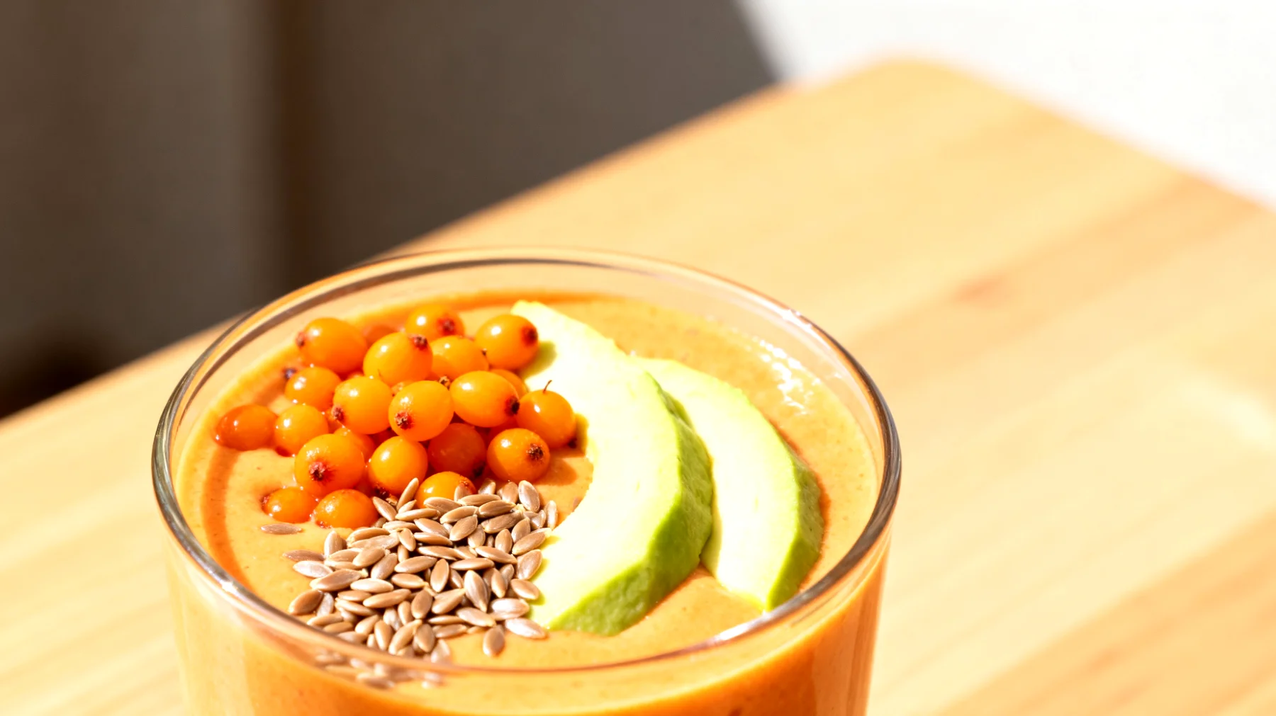 Sanddornbeeren-Smoothie mit Leinsamen und Avocado"
