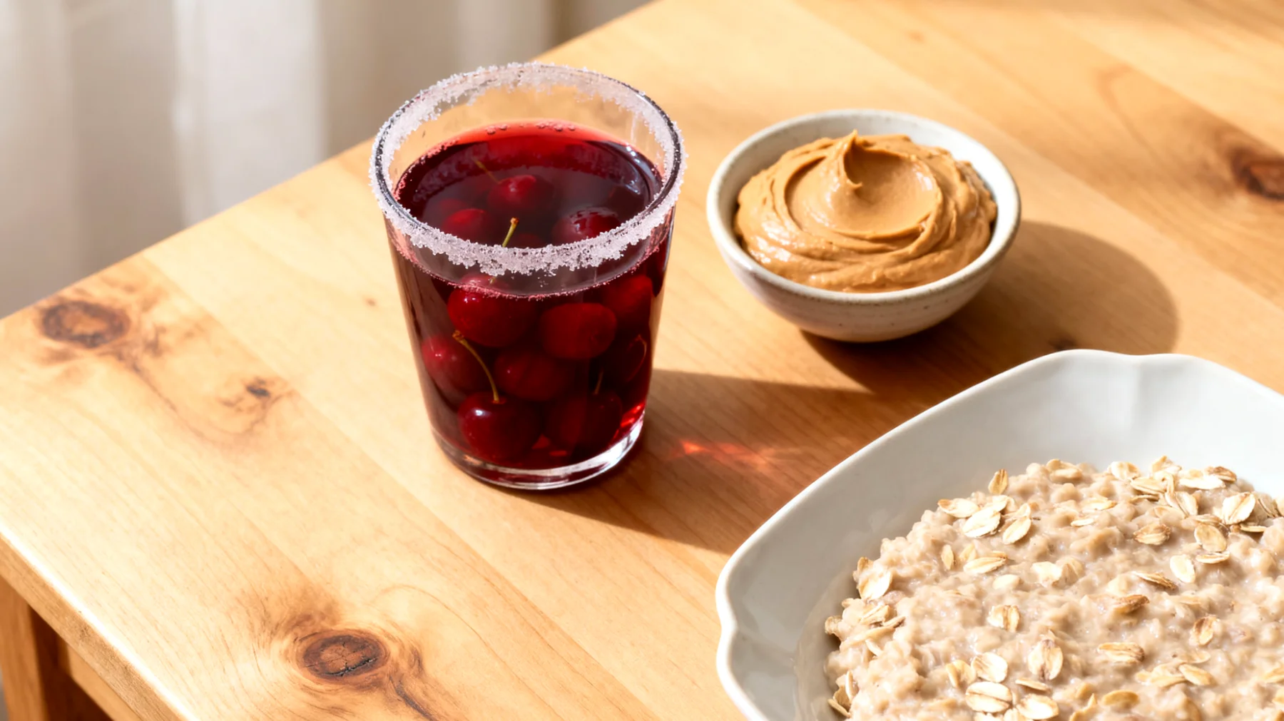 Sauerkirschsaft mit Mandelbutter und Haferflocken"